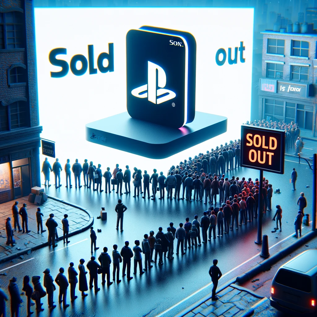 人々がPlayStation Portalの前で列を成している様子を描いた画像。背景には「Sold Out」の文字。