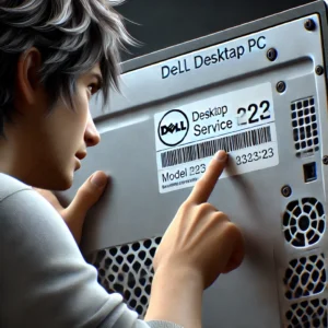 DellデスクトップPCの背面や底面に貼られたステッカーを指し示しながら、型番や製造番号を確認しているシーン。