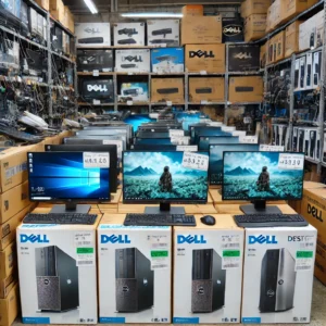 中古市場で販売されているDellデスクトップPCの写真。販売店舗やオンラインショップで人気モデルが並んでいる様子が描かれている。